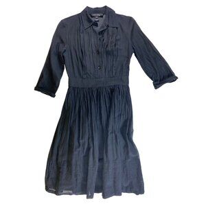 Anne Klein Cotton Silk Black Pleated Button-Up A-Line Dress Size 4 Classic Retro